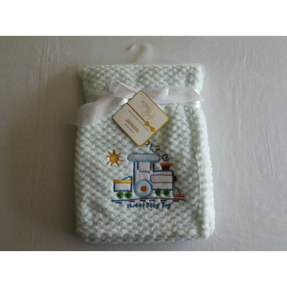 NWT Posh Baby Pale Blue BABY Blanket 30"x40" Soft Textured Sweet Baby Boy Train - Picture 8 of 8